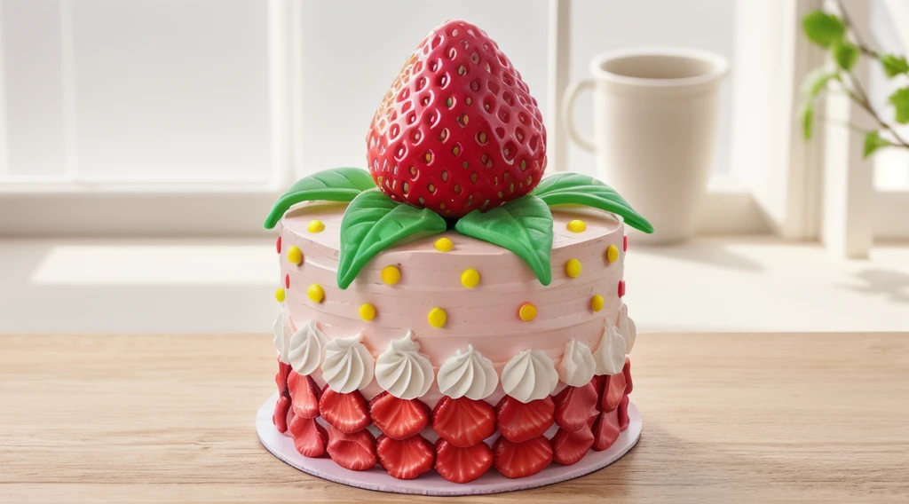 in the kitchen, on a wooden table, on a porcelain plate, a tiny pink cream cake, the bottom is decorated with cream petals, on top of the cake is a polymer clay candy in the form of a strawberry with leaves, the cake is decorated with tiny yellow dragee candies, bright lights, soft light, window light, professional lighting, light from the window, neat light, realistic texture, realistic style, detailed texture, high quality, high resolution, high quality rendering, realistic photo, brightning light, macro photo, 4k ultra HD