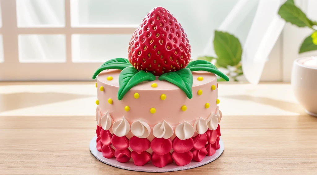 in the kitchen, on a wooden table, on a porcelain plate, a tiny pink cream cake, the bottom is decorated with cream petals, on top of the cake is a polymer clay candy in the form of a strawberry with leaves, the cake is decorated with tiny yellow dragee candies, bright lights, soft light, window light, professional lighting, light from the window, neat light, realistic texture, realistic style, detailed texture, high quality, high resolution, high quality rendering, realistic photo, brightning light, macro photo, 4k ultra HD
