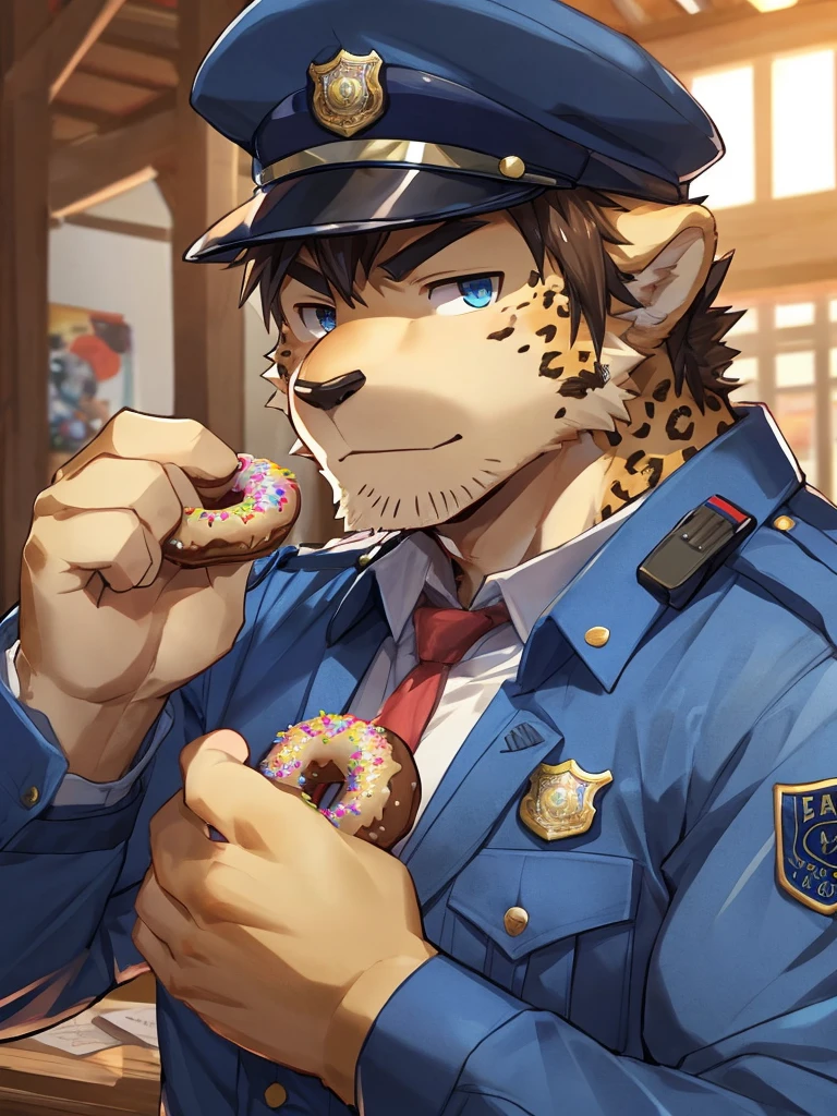 embedding:Leopard,Pale blue eyes,Single Person,Male.Solo,Chief of police,Wearing a police uniform,Wearing a police cap,At the police station,Eat a doughnut.Stubble,Mature and stable,muscle,Maturity,Best quality hands, best quality eye,detailed fur,Delicate eyes.Extreme picture quality,by sollyz,by zixiong,by milkytiger1145