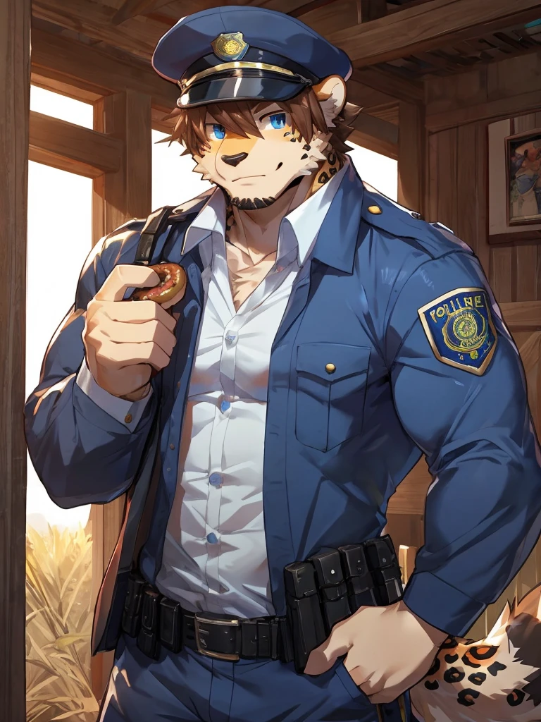 embedding:Leopard,Pale blue eyes,Single Person,Male.Solo,Chief of police,Wearing a police uniform,Wearing a police cap,At the police station,Eat a doughnut.Stubble,Mature and stable,muscle,Maturity,Best quality hands, best quality eye,detailed fur,Delicate eyes.Extreme picture quality,by sollyz,by zixiong,by milkytiger1145