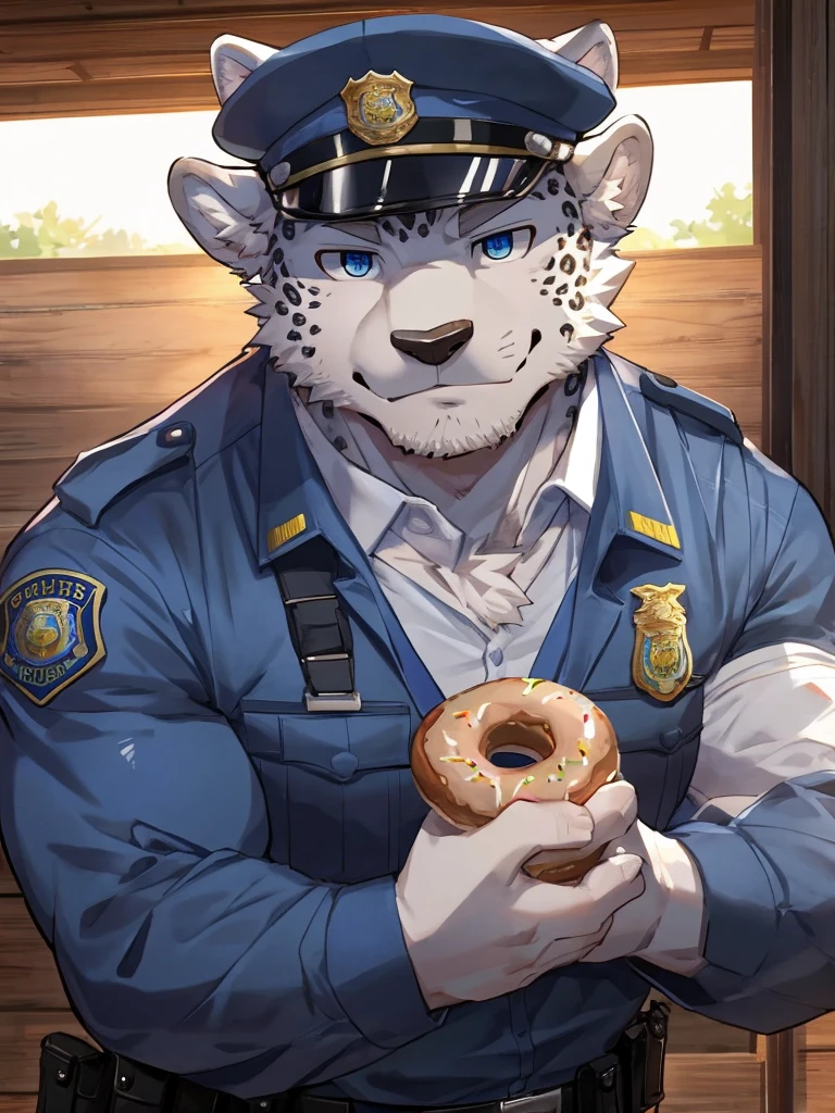 embedding：Leopard,Pale blue eyes,Single Person,Male.Solo,Chief of police,Wearing a police uniform,Wearing a police cap,At the police station，Eat a doughnut.Stubble,Mature and stable,muscle，Maturity,Best quality hands, best quality eye，detailed fur，Delicate eyes.Extreme picture quality，by sollyz,by zixiong,by milkytiger1145