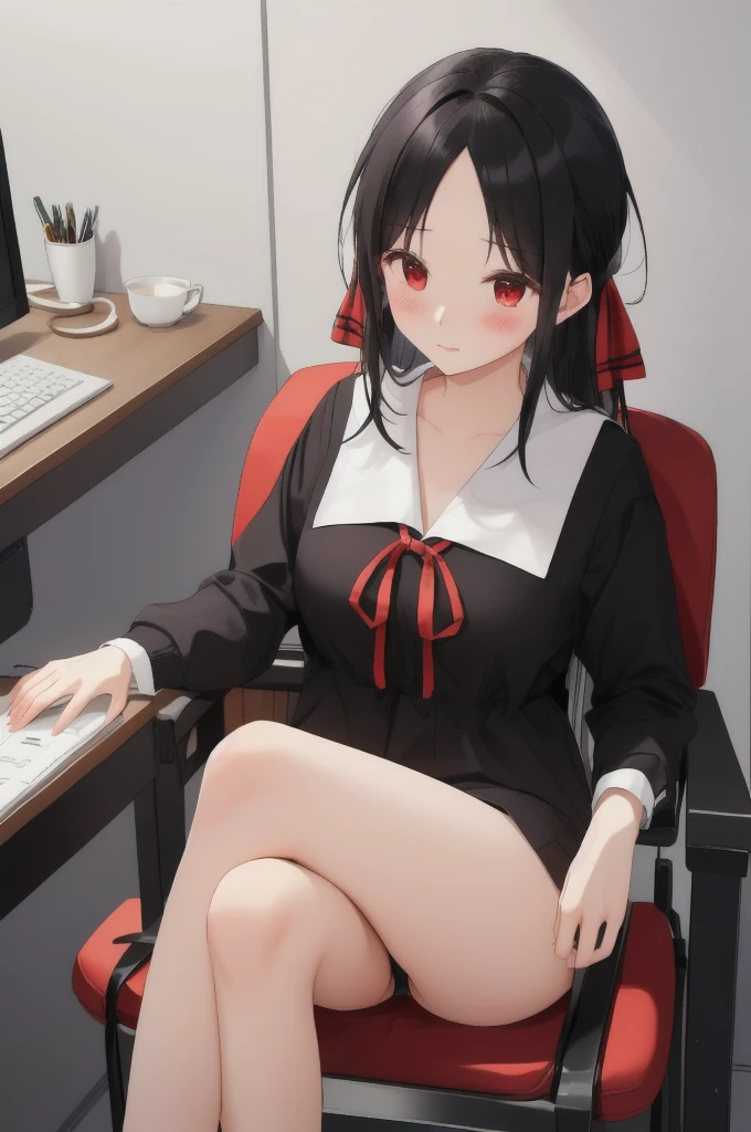 Black Hair、Red ribbon、照れている、Take off your panties、Blushing、Embarrassed、On a chair、living、