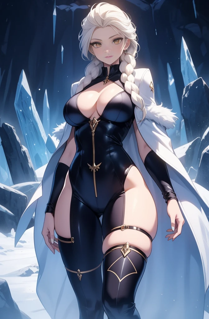 female, solo, young, sexy body, voluptuous figure, tightsuit, white hair, decolored blonde hair, ice effects around, ice queen, beautifull face, long hair, defined body, yellow and bright eyes, thick legs, strong legs, tall, Voluptuous legs, huge ass, big hip, big ass, female sorcerer, blue and black robes,