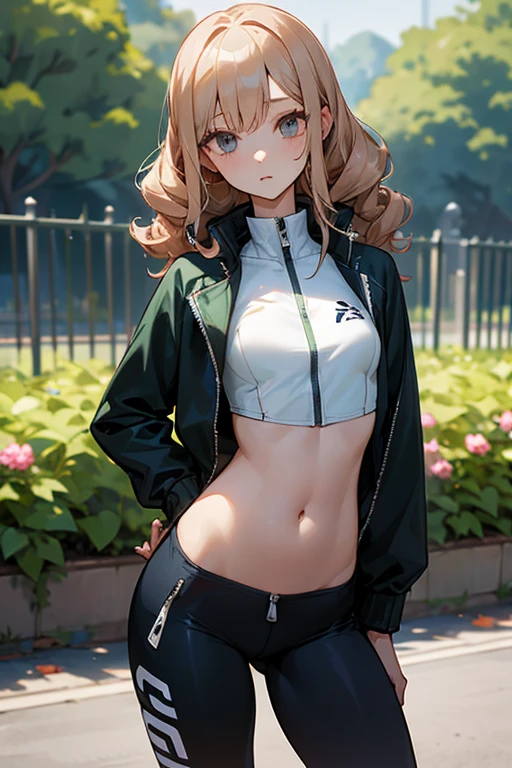Slender beautiful girl、 Generation、athlete、Thin fabric tights、Belly button、A tighter zip-up shirt、Tight zip-up tracksuit、Curly Hair、Garden、Drawn eyes、Subtle details、目のハイライト