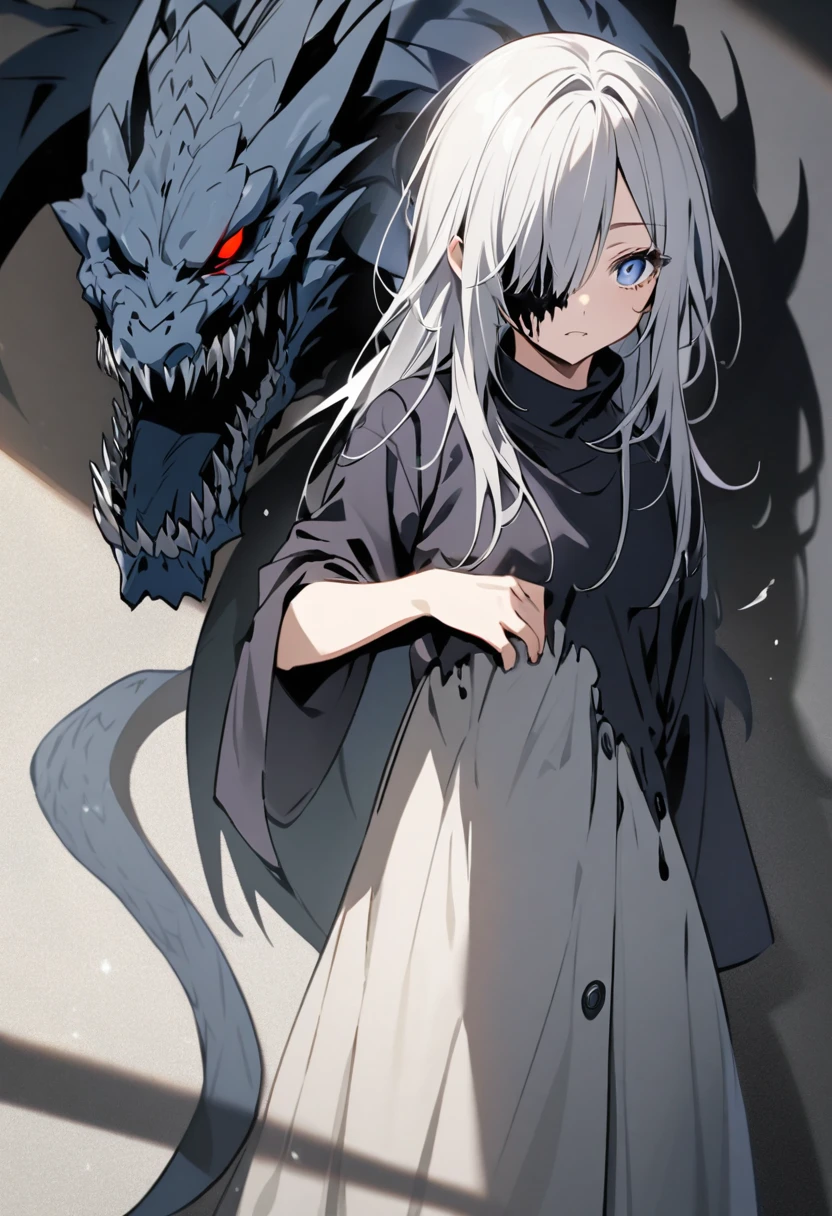 Human with a shadow of a dragon long silver hair dark blue eyes and has a scare on one eye