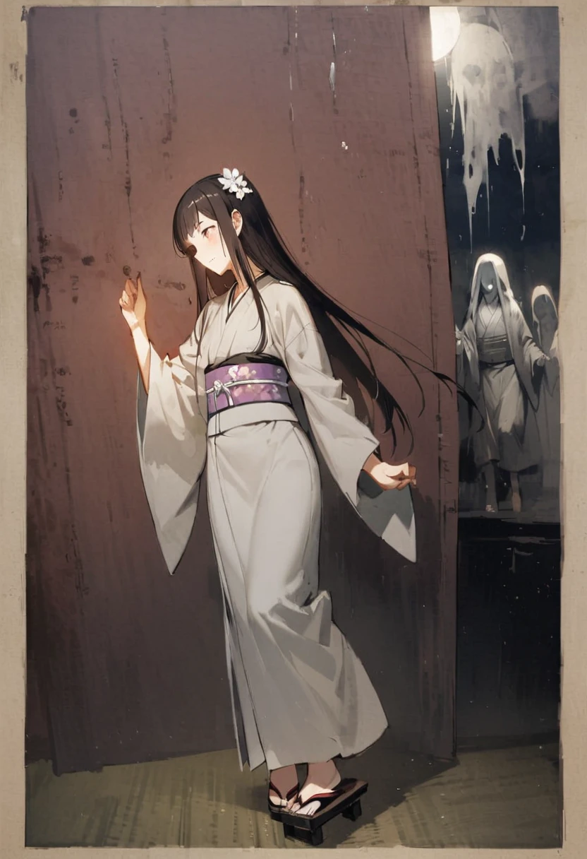 Zashiki-warashi、Apparition、Japanese style、Shoji screen、tatami、Haunted House、scared、Creepy、darkness、Late Night、kimono、Bob、Girl、Girl、Younger、、flat chest、Black Long Hair、Dynamic Angle、ball、Flower Hair Ornaments、Geta or bare feet