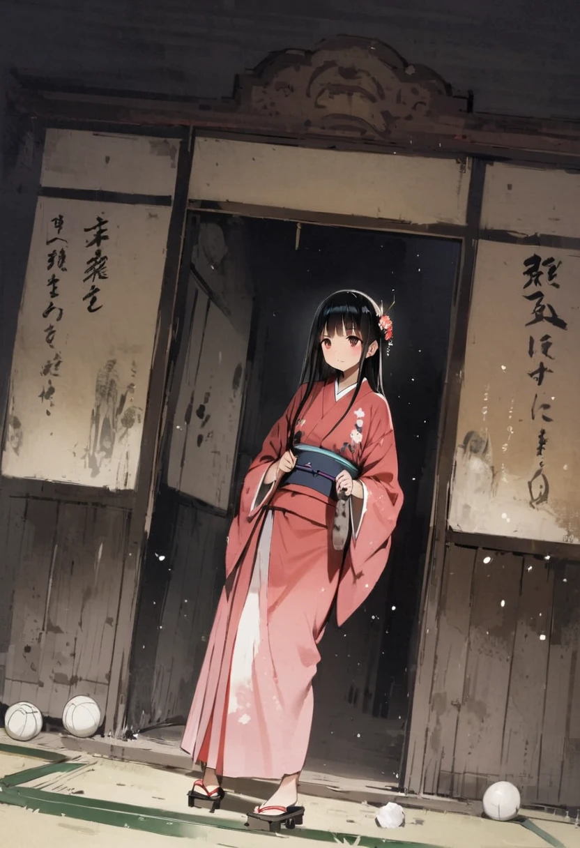 Zashiki-warashi、Apparition、Japanese style、Shoji screen、tatami、Haunted House、scared、Creepy、darkness、Late Night、kimono、Bob、Girl、Girl、Younger、、flat chest、Black Long Hair、Dynamic Angle、ball、Flower Hair Ornaments、Geta or bare feet