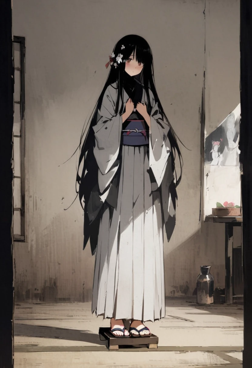 Zashiki-warashi、Apparition、Japanese style、Shoji screen、tatami、Haunted House、scared、Creepy、darkness、Late Night、kimono、Bob、Girl、Girl、Younger、Baby Face、flat chest、Black Long Hair、Dynamic Angle、ball、Flower Hair Ornaments、Geta or bare feet