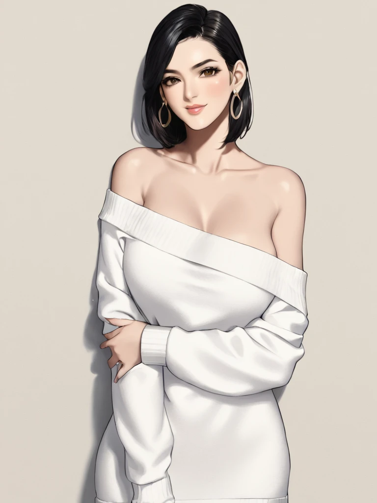 a woman, Kriti Sanon, outdoors, realistic skin texture, smiling, post-processing, Maximum texture, masterpiece, ultra-detailed, photorealistic, realistic, real picture, hyperrealism, Sharp focus, insane details, intricate details, full sharp, detailed face, realistic eyes,simple white stucco background ,big hoop earrings, makeup,white skin,sharp jawline ,big earrings, oversized earrings,off shoulder sweater,big breasts,full body