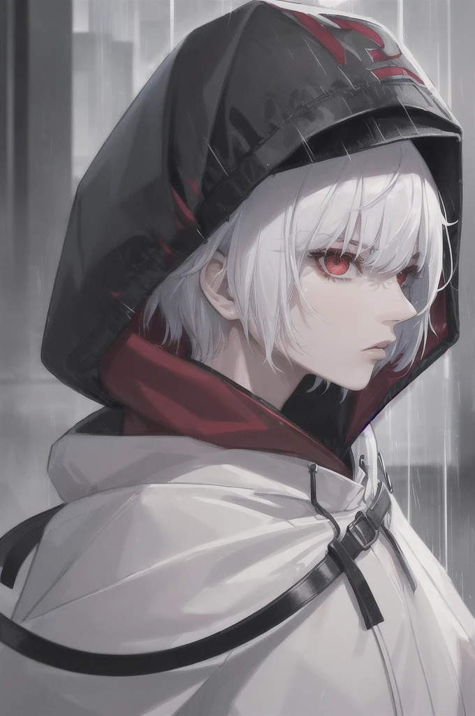 kk, best quality, more details, masterpiece, 1boy, kaneki ken, portrait, male focus, red eyes, solo, bangs, looking at viewer, hood, short hair, rain, tokyo tokyo \(city\), hood up, nail polish, white hair, luxurious, 8k, detailed, ray tracing, depth of field, cinematic lighting,