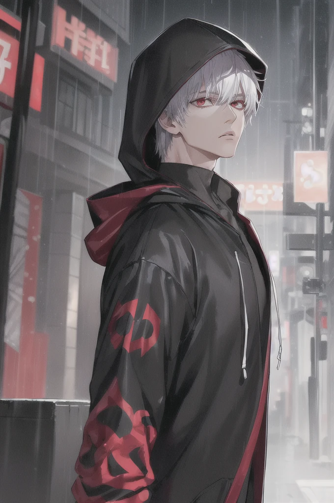 kk, best quality, more details, masterpiece, 1boy, kaneki ken, portrait, male focus, red eyes, solo, bangs, looking at viewer, hood, short hair, rain, tokyo tokyo \(city\), hood up, nail polish, white hair, luxurious, 8k, detailed, ray tracing, depth of field, cinematic lighting,