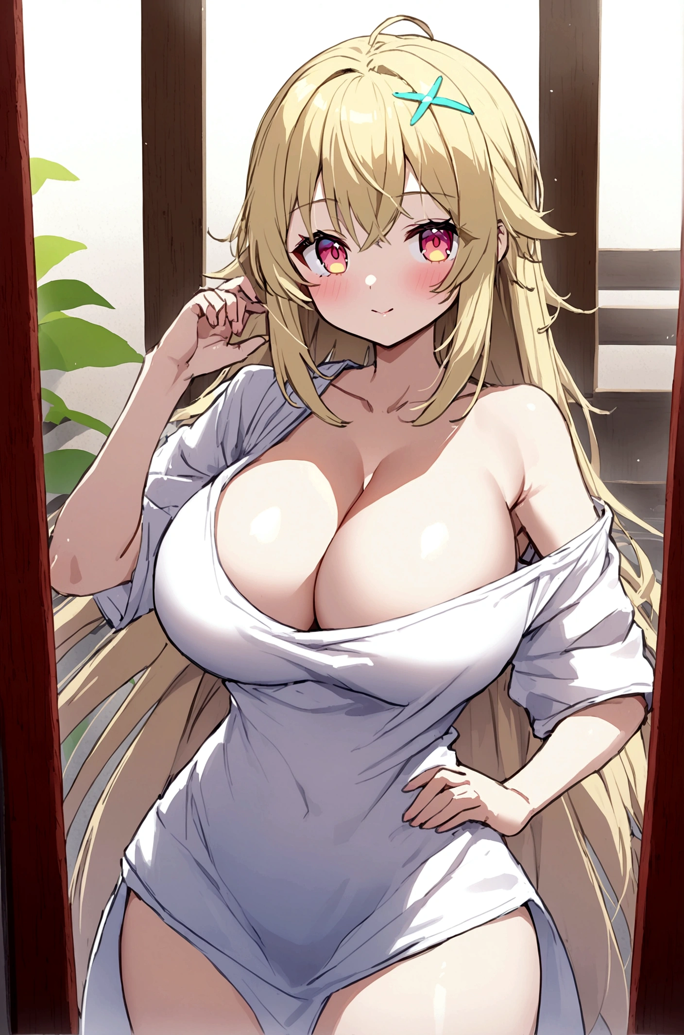 Anime girl, large breasts, cleavage, white oversized T-shirt off one shoulder, partially exposed hips