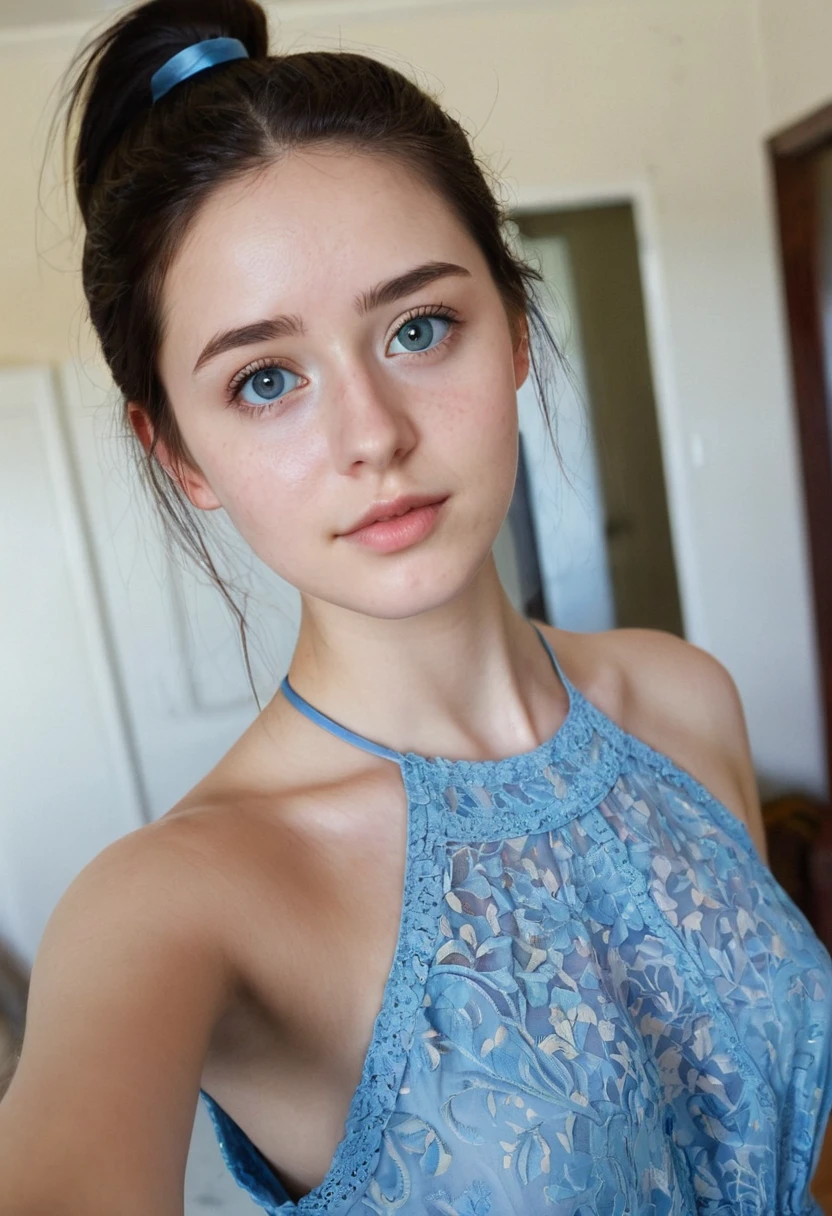 selfie face shot, 19 yrs old woman, 1.65m high, dark hair, ponytail, a strand of hair on the face, brown eyes, standing, sandals, blue dress, perfect face, (Kontakt Iris: 1.1), pale skin, some skin blemishes, several birthmarks, skin pores, low depth of field, soft light, low light, masterpiece, 8K, (Beautiful eyes with very delicate:1.3),(beautiful big clear eyes)