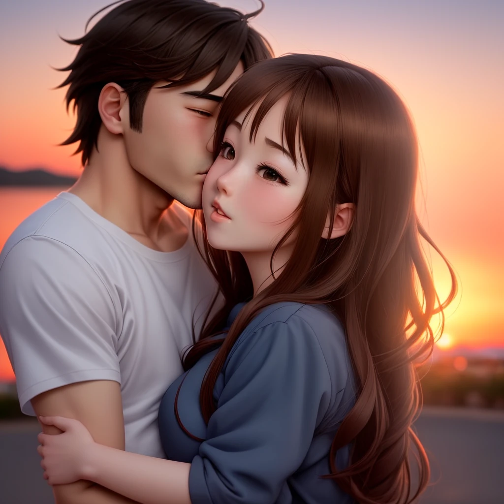 An anime guy kissing an anime girl with sunset background close up