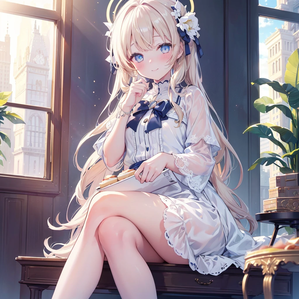 1 girl, ((masterpiece)), ((best quality)), Amazing, beautiful detailed eyes, finely detailed, depth of field, extremely detailed CG unity 8k wallpaper, full body, hifumi (Blue Archive), sitting, cafe, blush, halo, smile, (ultra-detailed),(detailed light), (sunlight),