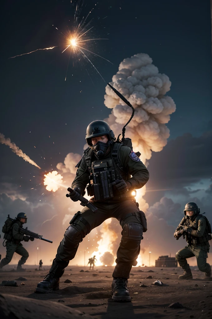Soldado masculino, Cara alemana, el esta lanzando una granada, chaleco antibalas, ammunition belts, Manos con guantes de cuero, con una mano sostiene una granada, He is in a completely destroyed city, humo, mucho fuego, Ultra detallado, hyper realista, 4k, Ultra detallado image, realista, Altamente detallado, perfect composition, splendid, Intrincadamente detallado, Incredibly detailed, 8K fine art photography, hiper detallado, Obra maestra
