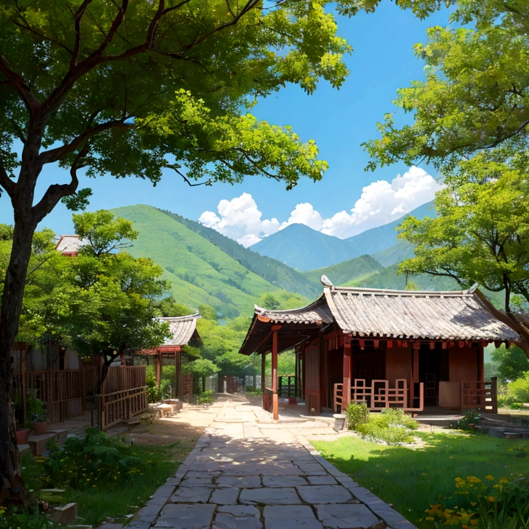 Small Chinese village (View from behind) We sat in the shade of a big tree at the entrance to the village., Distant Mountain々View、Dreaming of a world to explore when you grow up.