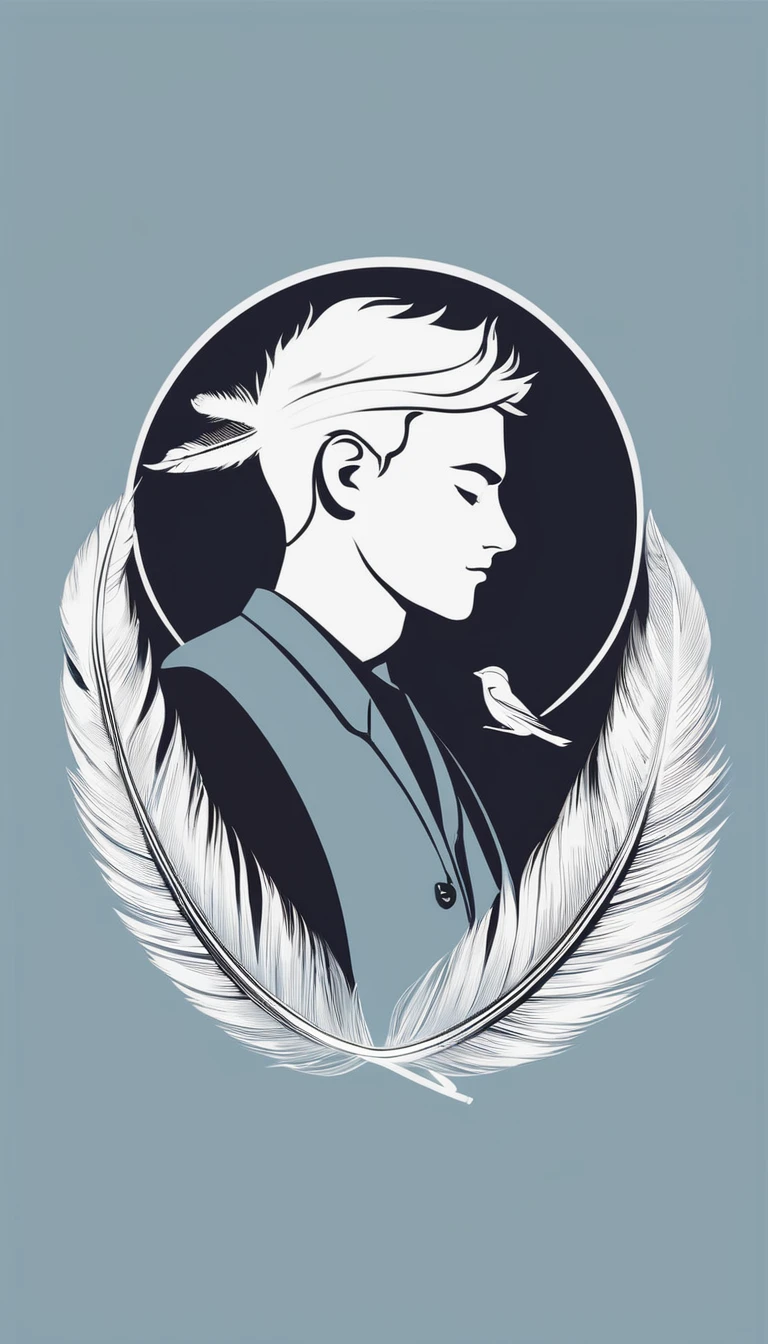 A minimalist, fantastic, poetic, dreamy, captivating, memorable, masterpiece, modern, simple logo design of a boy and a feather for the brand “Penamemoria". The logo must convey a sense of music, stories and dreams. Minimalistic logo design of a boy and a feather.