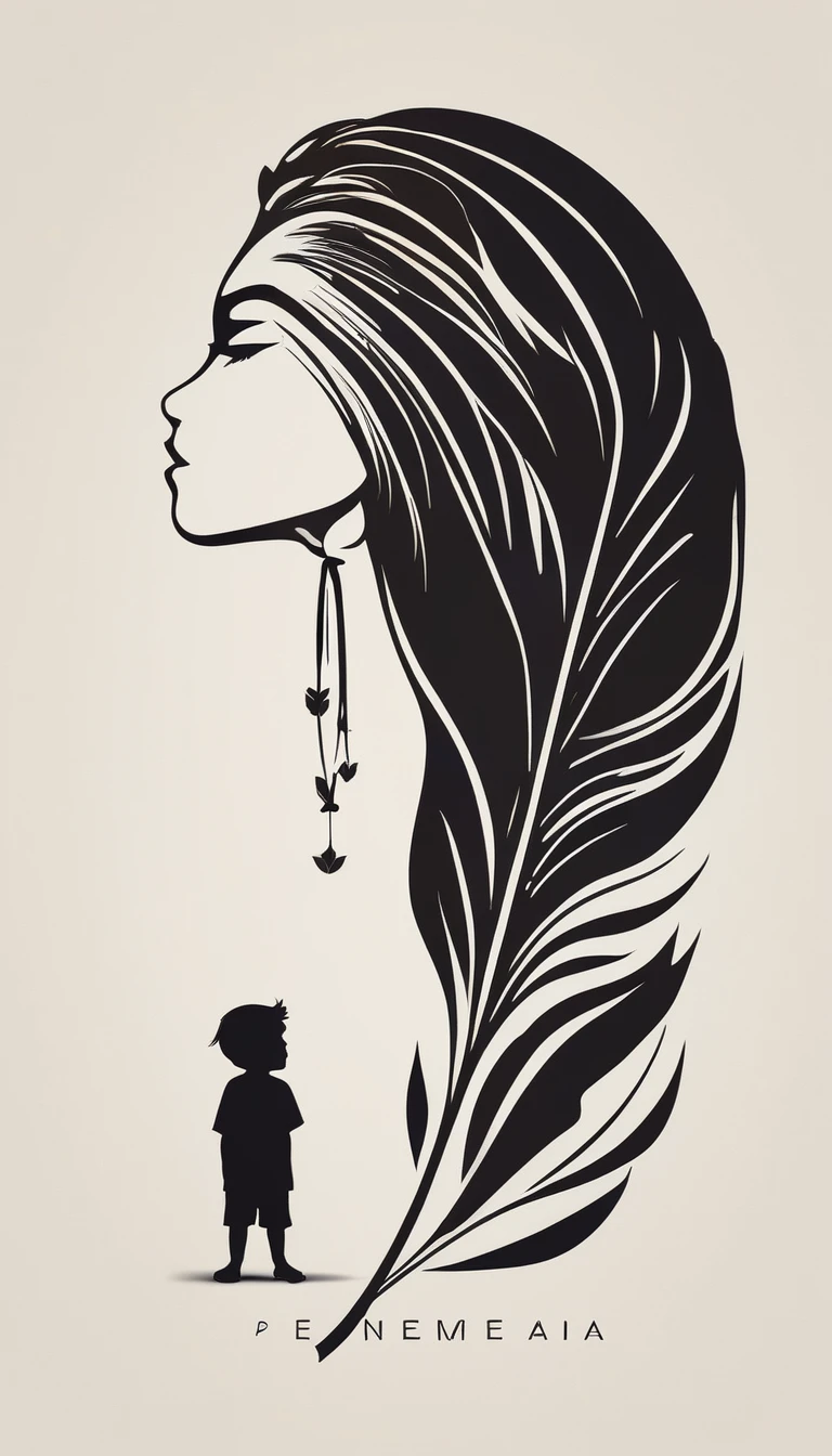 A minimalist, fantastic, poetic, dreamy, captivating, memorable, masterpiece, modern, simple logo design of a boy and a feather for the brand “Penamemoria". The logo must convey a sense of music, stories and dreams. Minimalistic logo design of a boy and a feather.