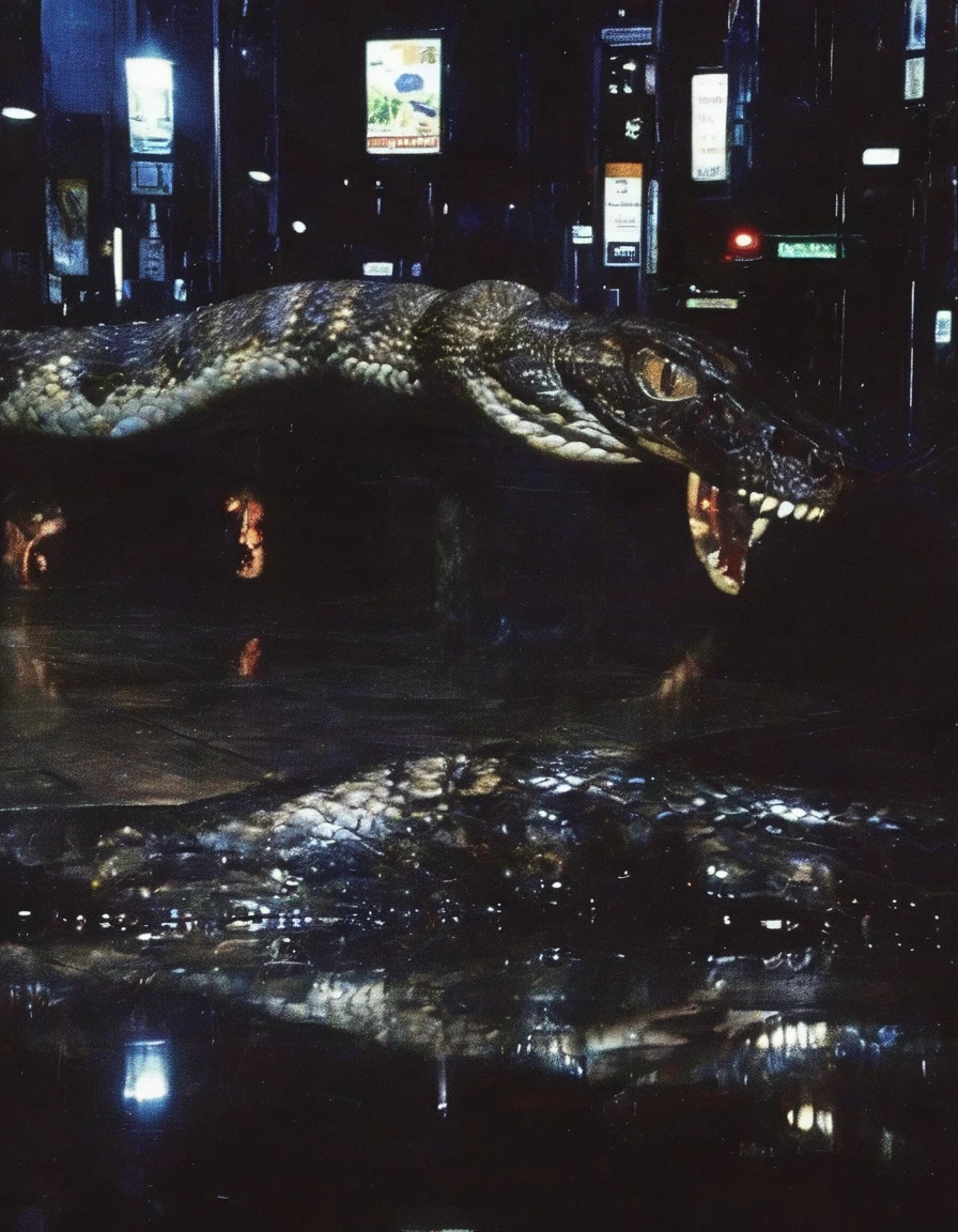 dark bangkok street at night with giant snake in distance