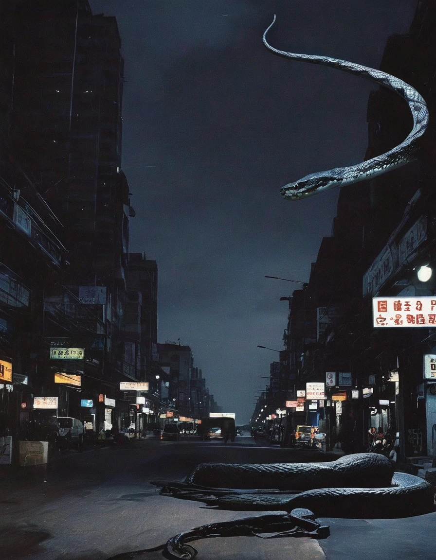 dark bangkok street at night with giant snake in distance