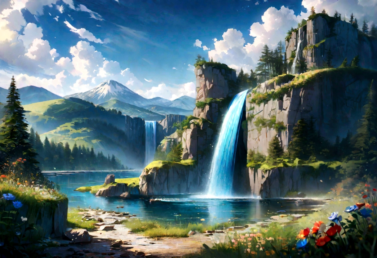 masterpiece, 最high quality, high quality, very detailedな CG ユニティ 8k 壁紙, sight, outdoor, Do not have, cloud, Do not have, There are no humans, mountain, sight, water, wood, blue Do not have, waterfall, cliff, nature, lake, river , cloudy skies, award-winning photography, bokeh, depth of written boundaries, high resolution, flower, chromatic aberration, photorealism, very detailed, Trends in Art Station, trend in CGsociety, complicated, high detail, dramatic, art on the road