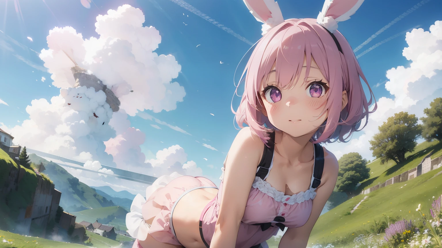 ((Seductive Anime Girl:1.3, solo:1.5))、((age girl:1.2))、((fusion of rabbit and girl:1.4))、energetic、((happy smile:1.3))、((pink color, leather clothes))、((Being in grassland:1.3)), erect nipples、((jumping:1.3))、((open clothes:1.2))、((crop top navel:1.2))、((small breasts))、((sleeveless:1.2))、((Glossy realistic skin texture))、ultra-detailliert, hiquality, Top image quality, digitial illustration, Smooth texture、shiny skin、Sharp Focus、watercolor