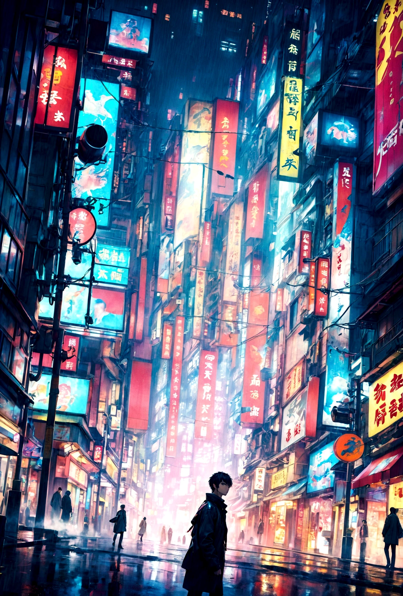 there is a man walking down a city street in the rain, neo tokyo background, neo tokyo, tokyo anime scene, in neo tokyo, neo-tokyo, neo - tokyo, tokyo futuristic and clean, in cyberpunk city, cyberpunk streets in japan, futuristic street, tokyo futuristic in background, futuristic cyberpunk tokyo night, china town blade runner, in a futuristic cyberpunk city