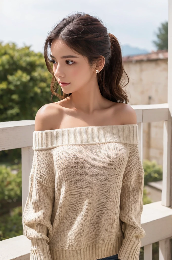 ((Highest quality)), ((masterpiece)), (detailed), One girl, Off-the-shoulder sweater, 