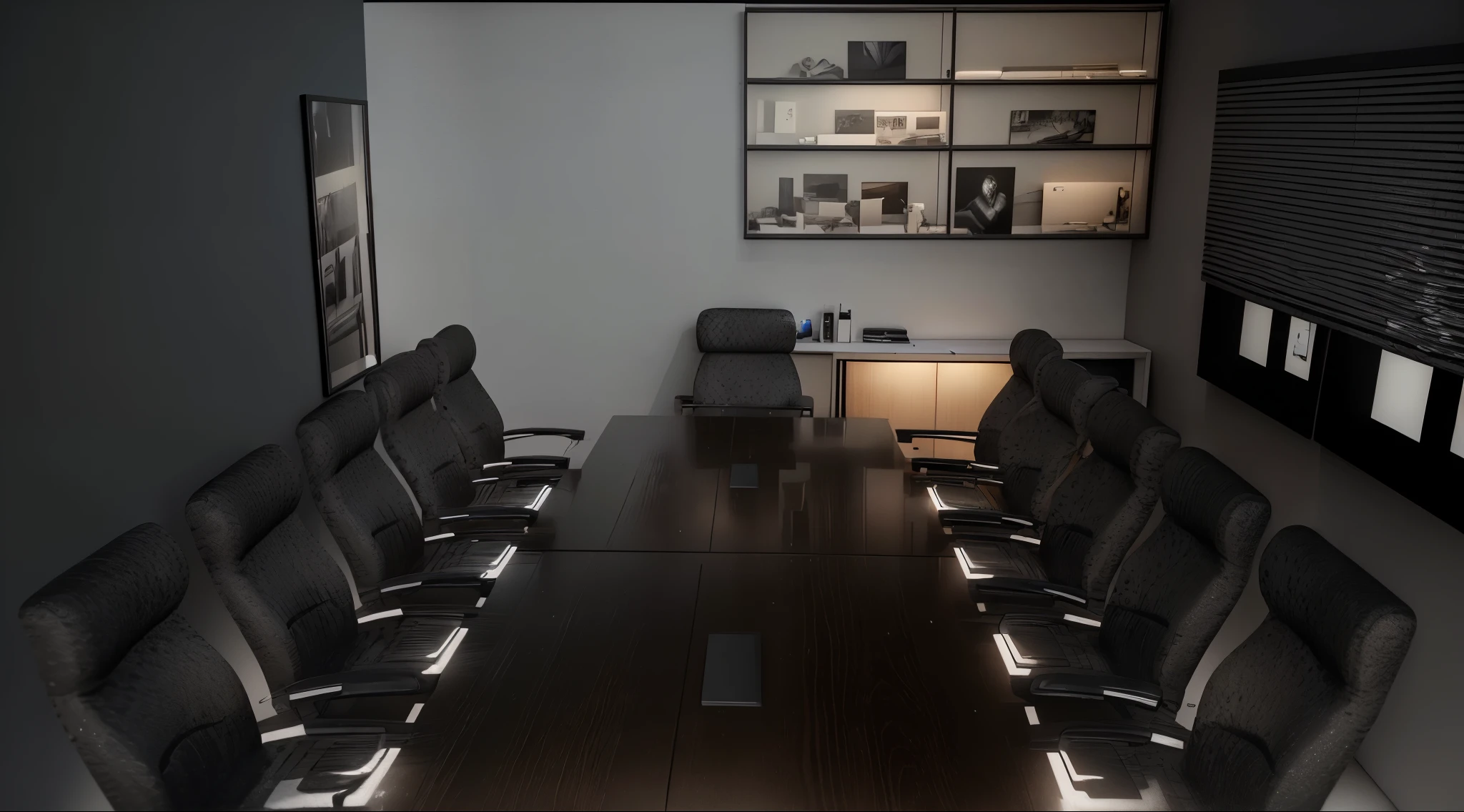 render 8k, high realism, Cinema 4k, 3d, High definition, meeting room, neutral lighting, with warm color LED on the TV Panel, white walls. (CRU photo, Real, best qualityer, work of art:1.2), (hyper Realistic, photo-Realistic:1.2), high qualiy, (dark lighting:1.2), twilight, perfect lighting, Trending on ArchDaily.