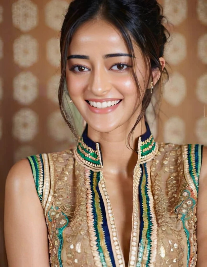 hires headshot photo of ananya pandey woman, studio quality, looking straight at viewer, detailed ethnic dress with high collar, laughing, background bokeh  