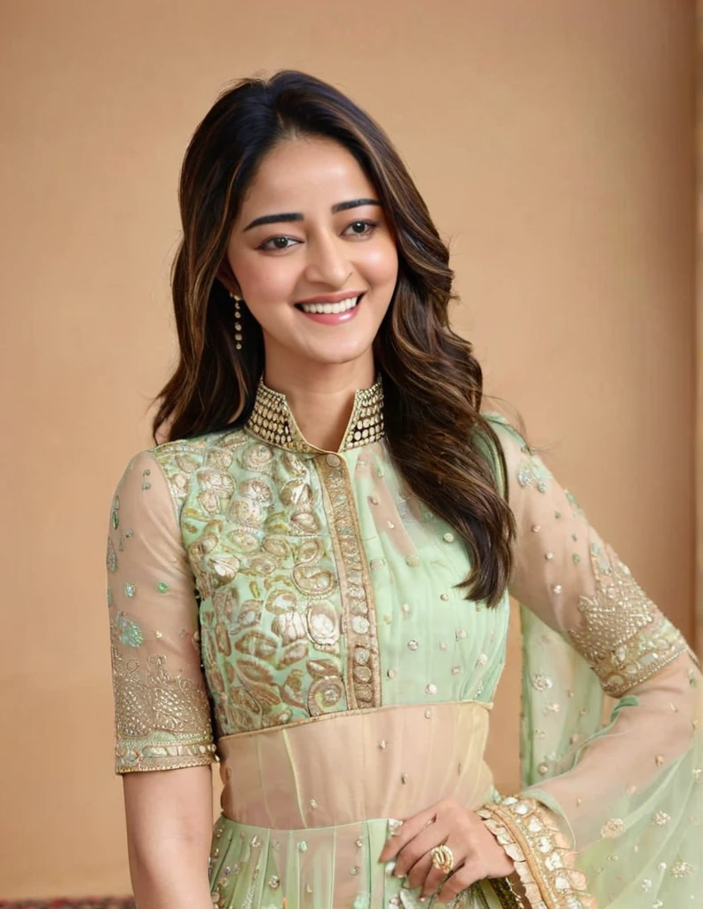 hires headshot photo of ananya pandey woman, studio quality, looking straight at viewer, detailed ethnic dress with high collar, laughing, background bokeh  