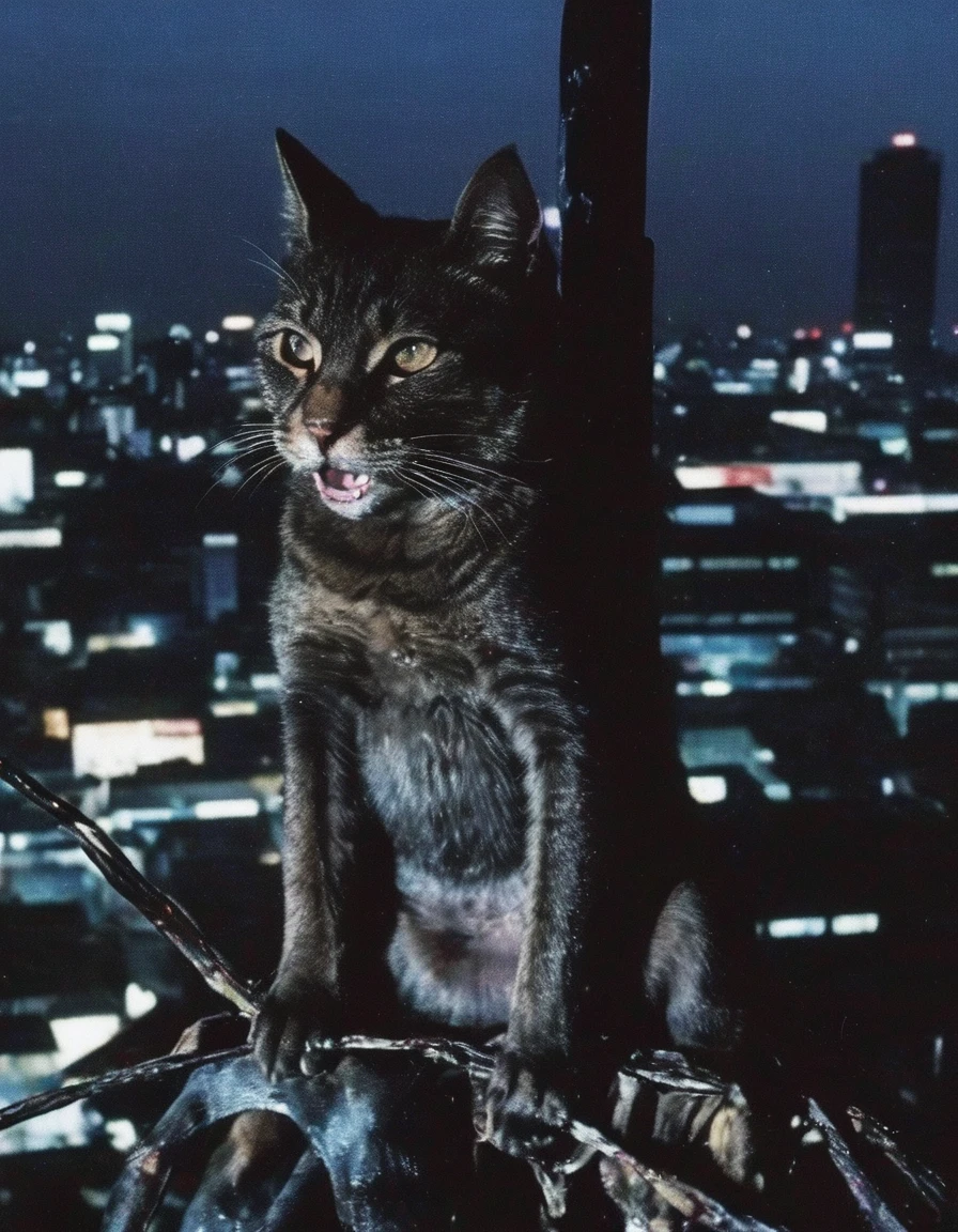 cat  sits on electric pole with many electric cables in bangkok at night