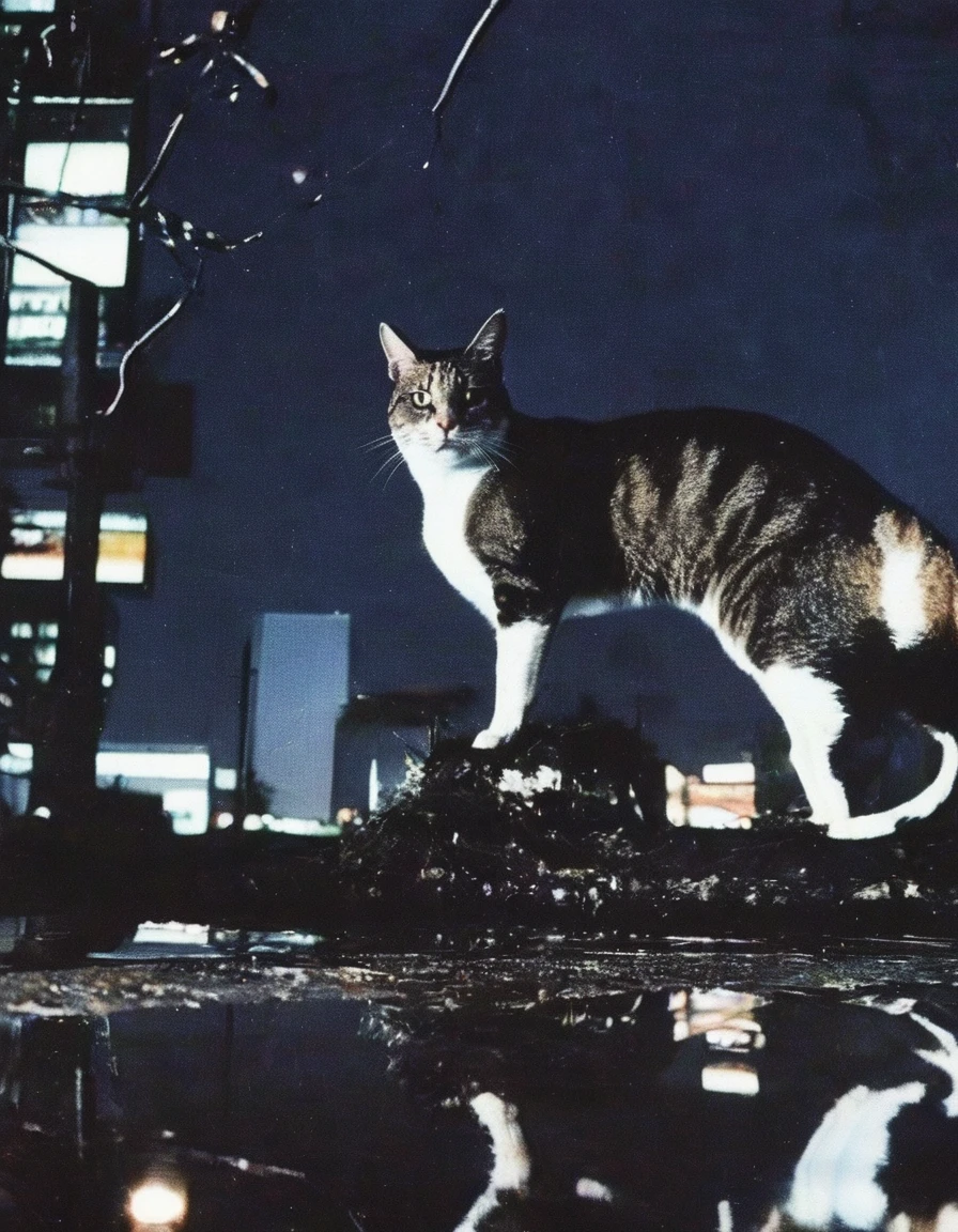 cat  sits on electric pole with many electric cables in bangkok at night