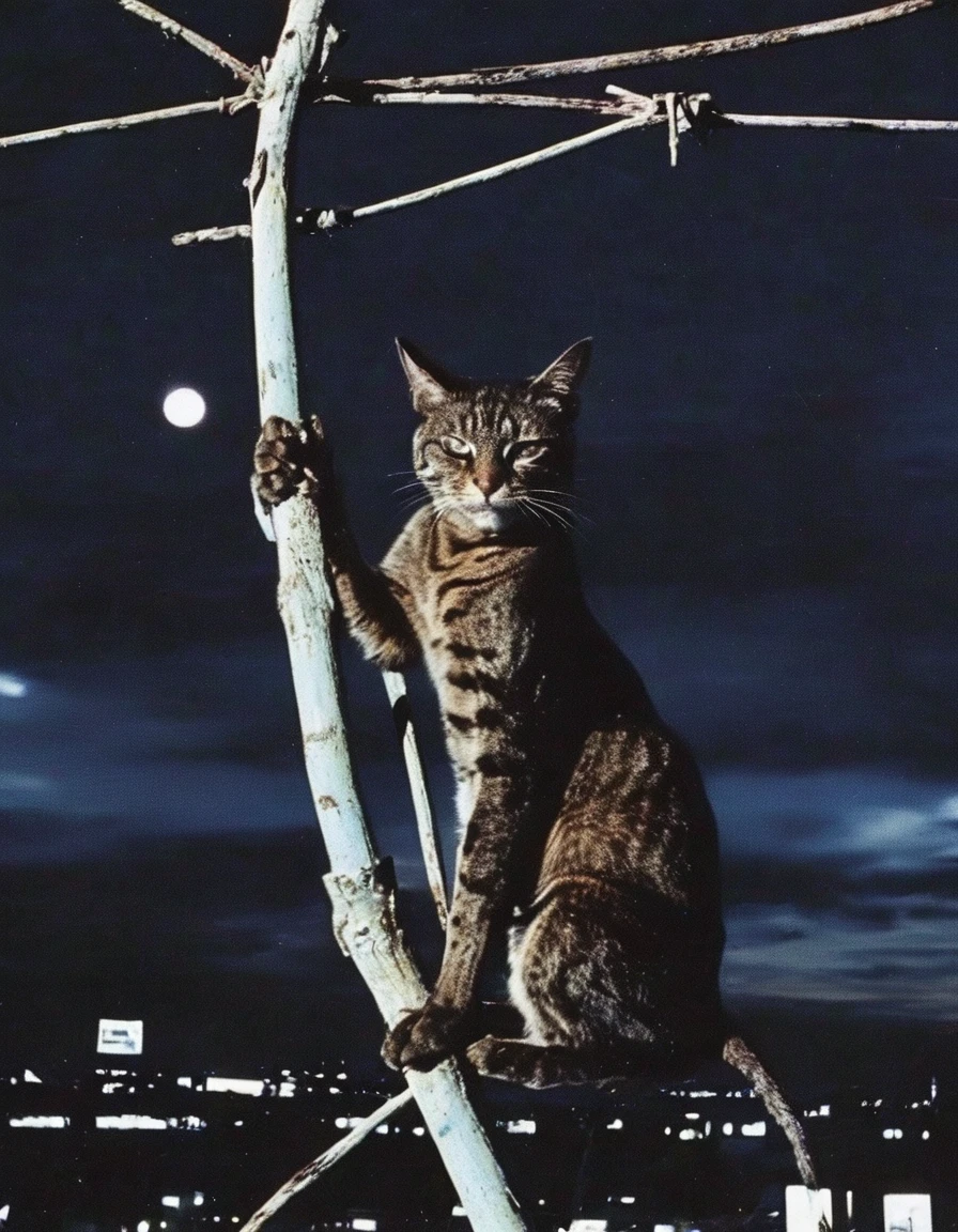 cat  sits on electric pole with many electric cables in bangkok at night