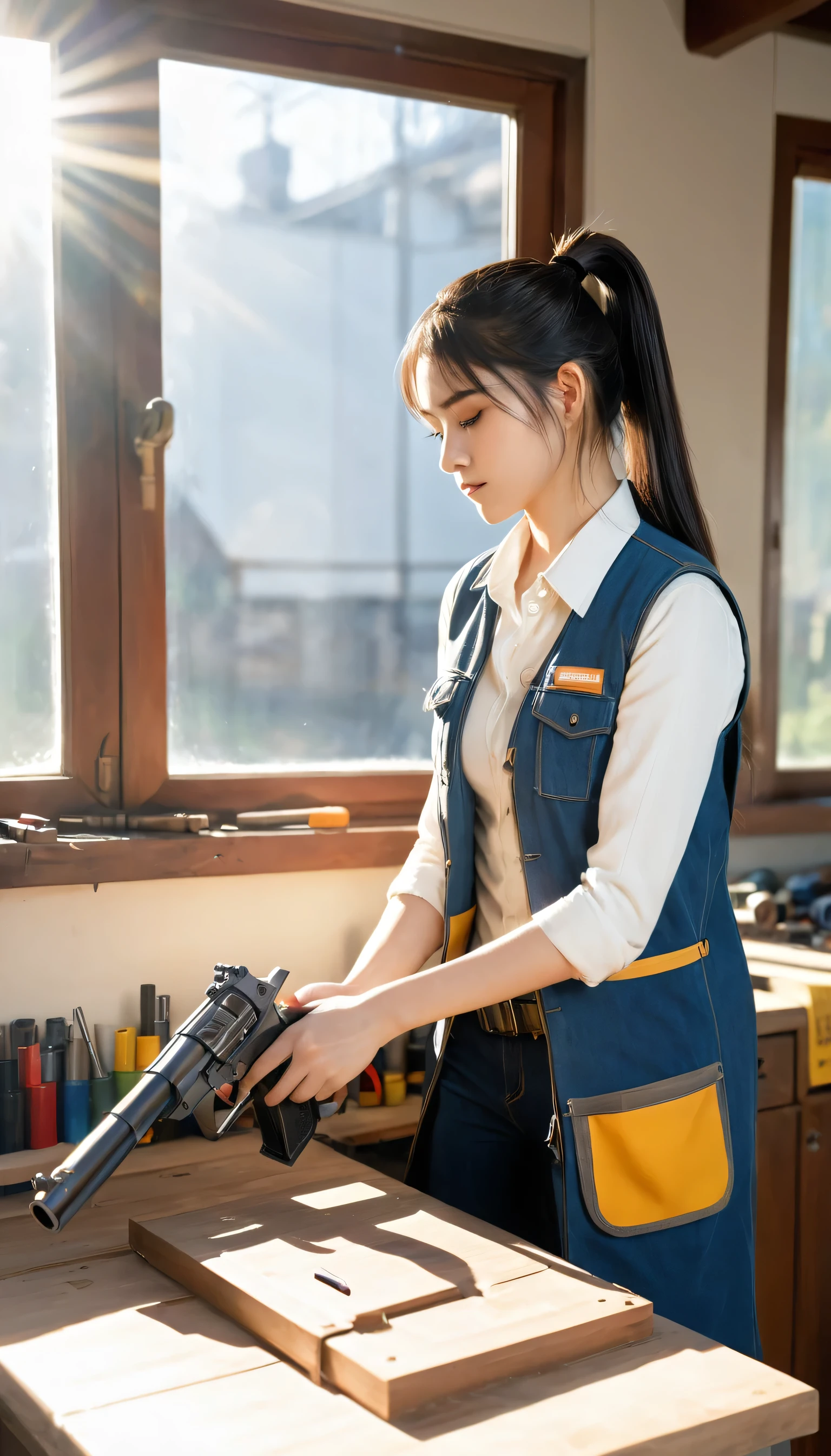 Chel, Ponytail, Vest, Clothes around the waist, cleaning a gun at a workbench, Bright morning sun shining through the window (role playing game) (masterpiece:1.2) (illustration:1.2) (best quality:1.2) (detailed) (complex) (8K) (Human Development Report) (light) (Clear focus)