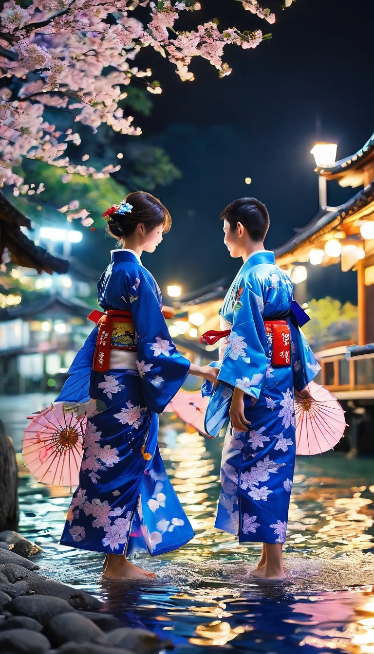 Three parents and children celebrating Tanabata, yukata, night, River side, Riverbank,