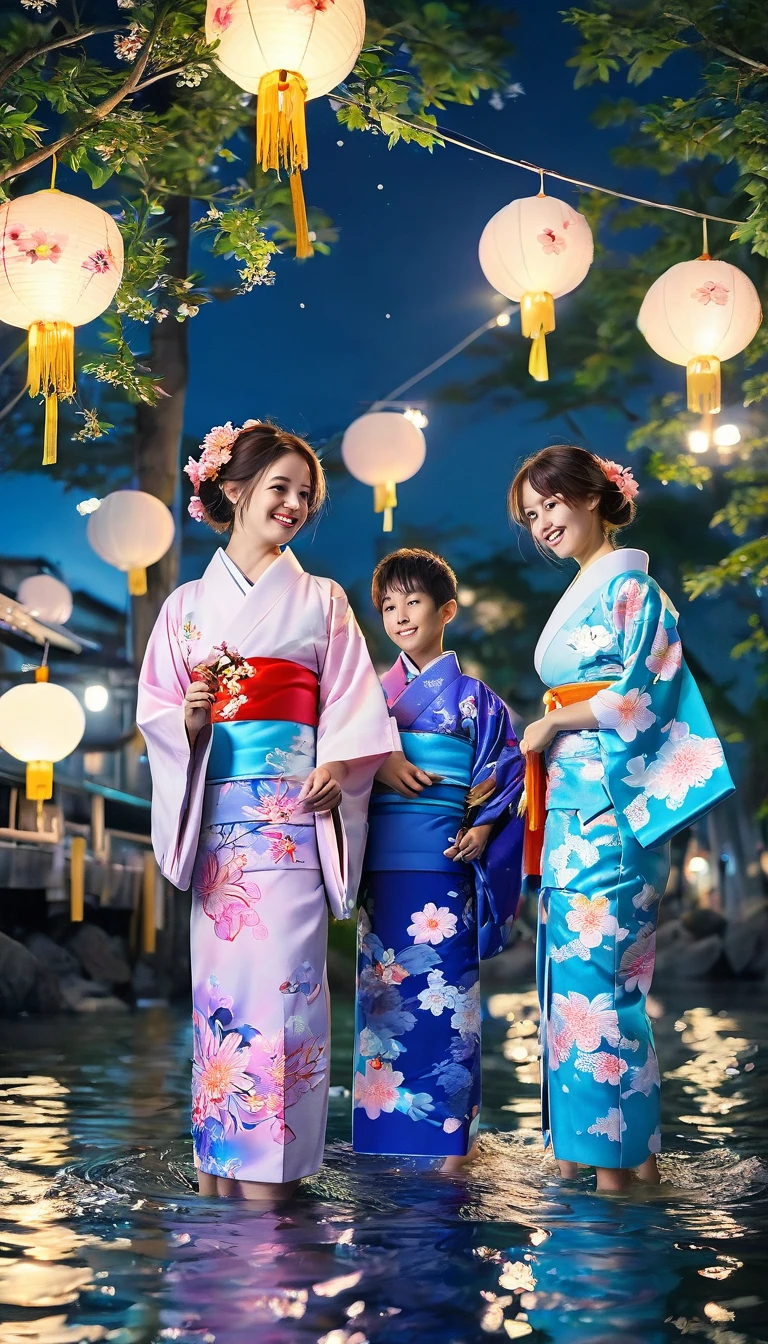 Three parents and children celebrating Tanabata, yukata, night, River side, Riverbank,