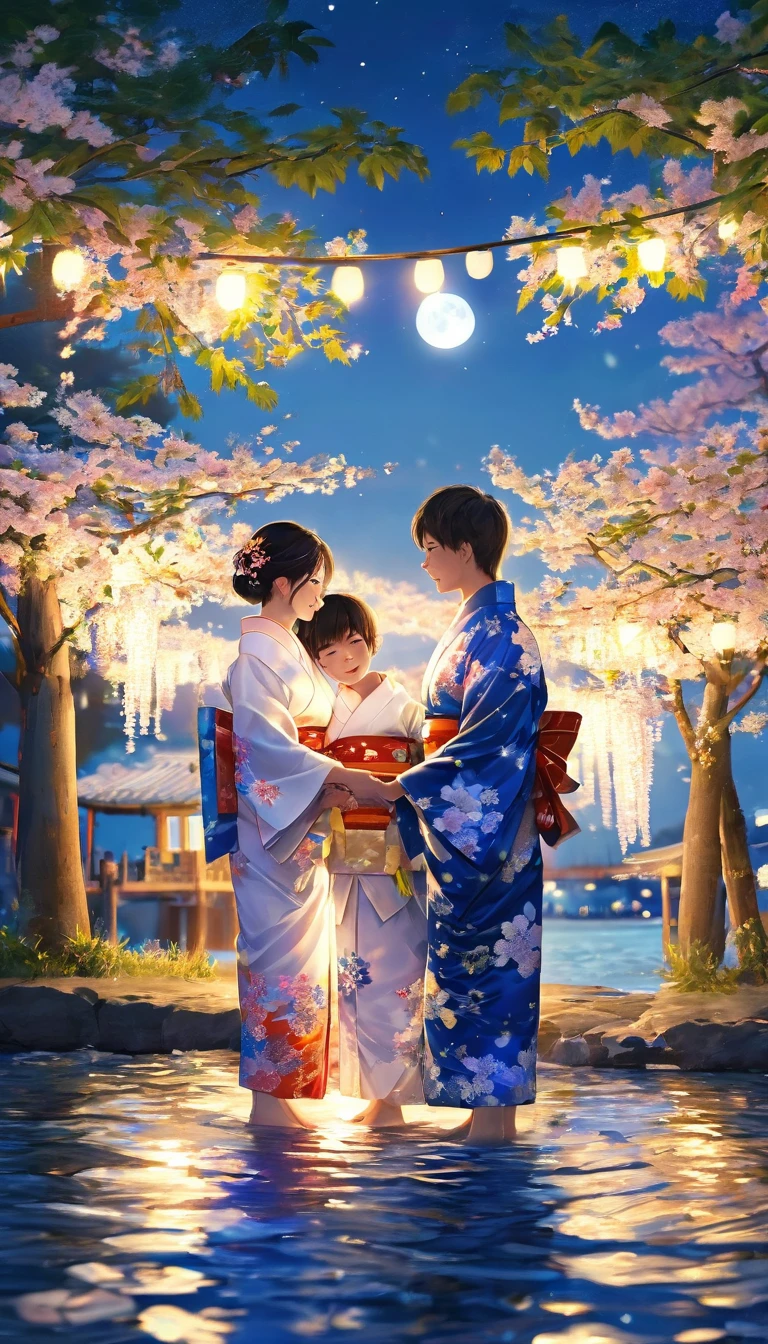 Three parents and children celebrating Tanabata, yukata, night, River side, Riverbank,