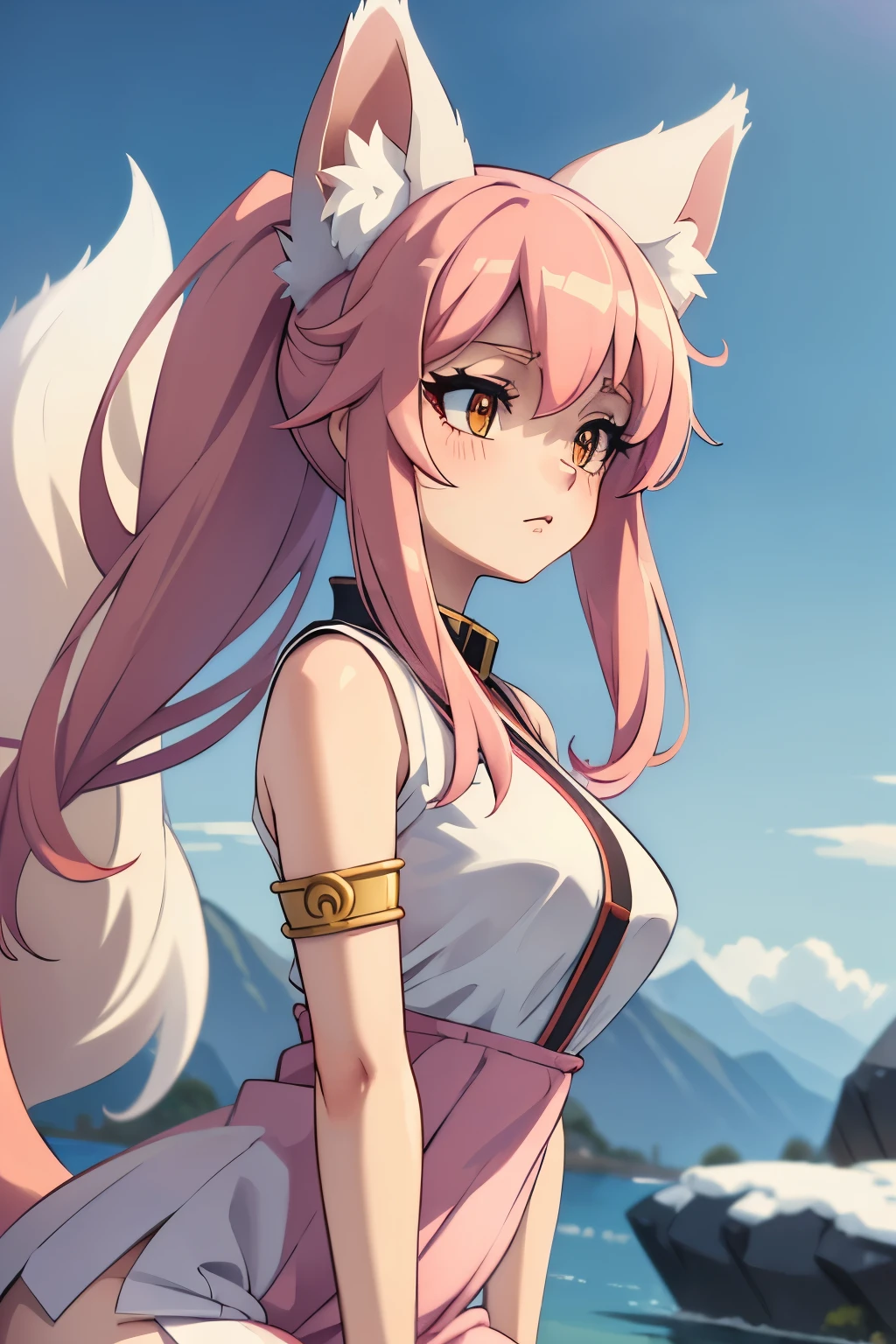 Nine snow-white fox tails (1.0), milky fox tail (1.0), fox close-up of nine tails, nine-tails, nine-tails, anime girl with pink hair and pink dress with flowers on her hair, very beautiful anime fox girl, beautiful anime fox girl, beautiful fantasy anime, guweiz, anime girl with fox ears, beautiful anime girl, very beautiful and cute fox girl, pink flower rain, background blur, anime style 4 K, anime fantasy artwork, 4k anime wallpaper, Artwork in the Guvez style