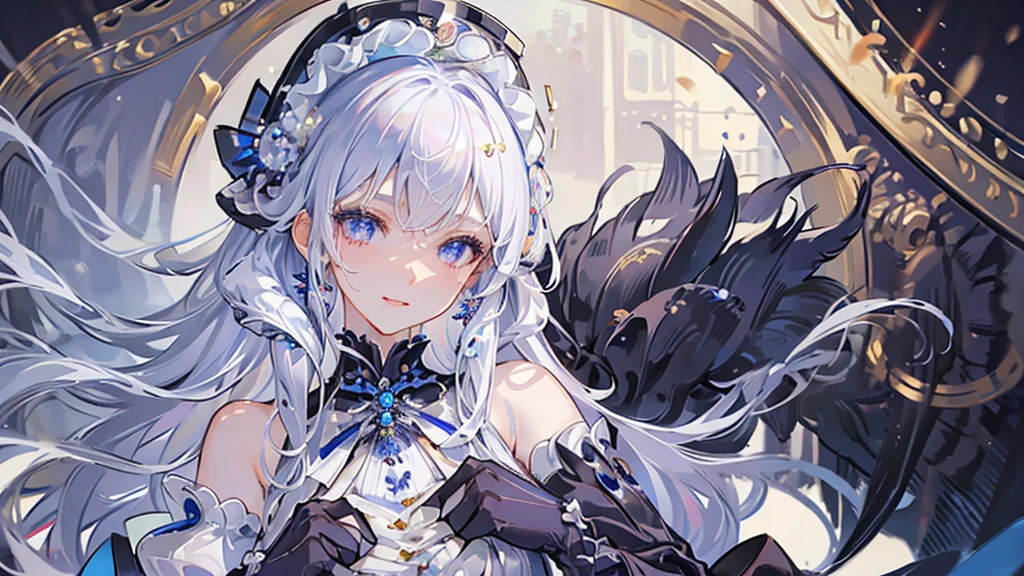 Korean,Realistic, masterpiece, Final details, photo Realistic, Exquisite detail, Octane Rendering, 8K, One girl, Perfect face, Beautiful Face, nswf Japanese, Trough Reference, Hair Details,, black bow, black gloves, Black Legs, blue eyes, Blue Hair, bow, clavicle, dress, Drill Hair, Frills, Frills, gloves, Gwen, headdress, High resolution, Long Hair, Part your lips, Puffy sleeves, Purple eyes, smile, alone, white dress, Oilskin,
