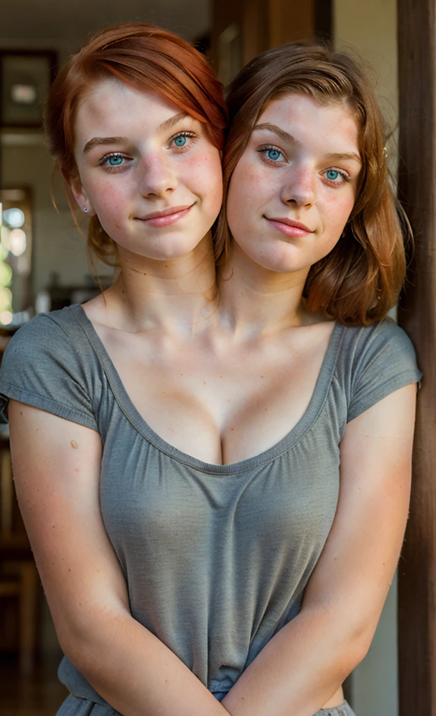 2heads, two headed girl, (a 12 year old girl and a 17 year old girl:1.5), (a redhead and a brunette:1.3), (uncomfortable:1.2)