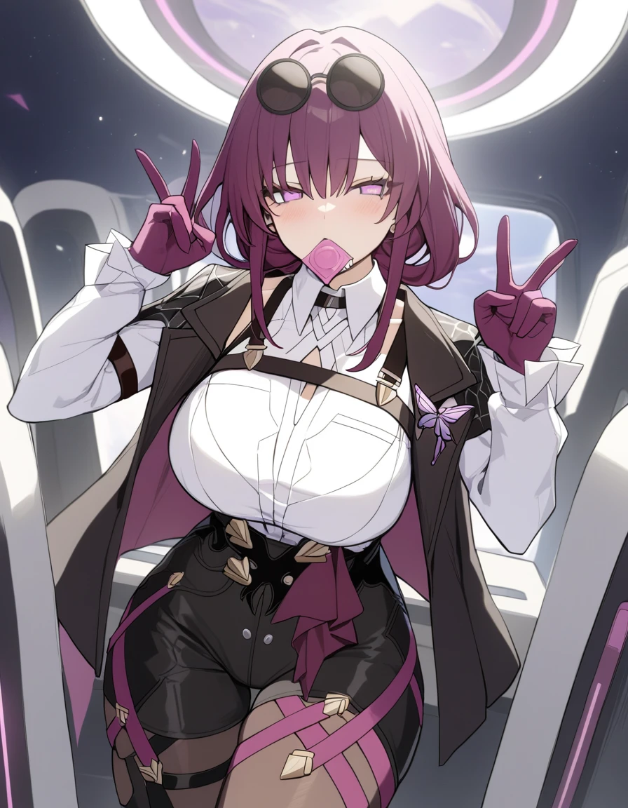 masterpiece, best quality, very aesthetic, absurdres, newest,1girl,upper body,Condom in mouth, double V gesture,blush,,kafka_(honkai:_star_rail), honkai:_star_rail, honkai_(series), 1girl, arm_belt, asymmetrical_legwear, belt, black_jacket, black_shorts, boots, breasts, butterfly_ornament, collared_shirt, eyewear_on_head, gloves, hair_between_eyes, high-waist_shorts, jacket, knee_boots, large_breasts, long_hair, multiple_belts, open_clothes, open_jacket, pantyhose, pantyhose_under_shorts, purple_eyes, purple_gloves, purple_hair, purple_pantyhose, round_eyewear, shirt, short_shorts, shorts, sidelocks, sunglasses, white_shirt,,in a spaceship