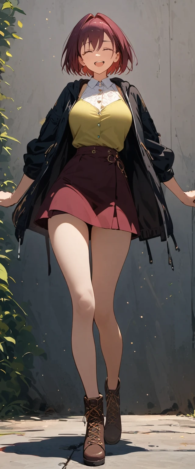 girl, burgundy short hair, ,closed eyes,slender body,black hooded jacket,yellow green blouse,burgundy skirt,standing,facing viewer,contrapposto,full body, laughing