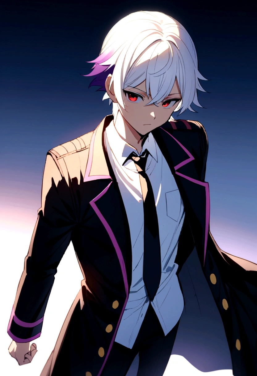 An anime boy with girly hair and girly looks with white hair and purple tips and red eyes , short ,in a black coat ,pants,tie with a white shirt , like a public safety devil hunter, two bangs from sides that reach chest the middle-front hair should reach nose , and the back hairs that reach shoulders