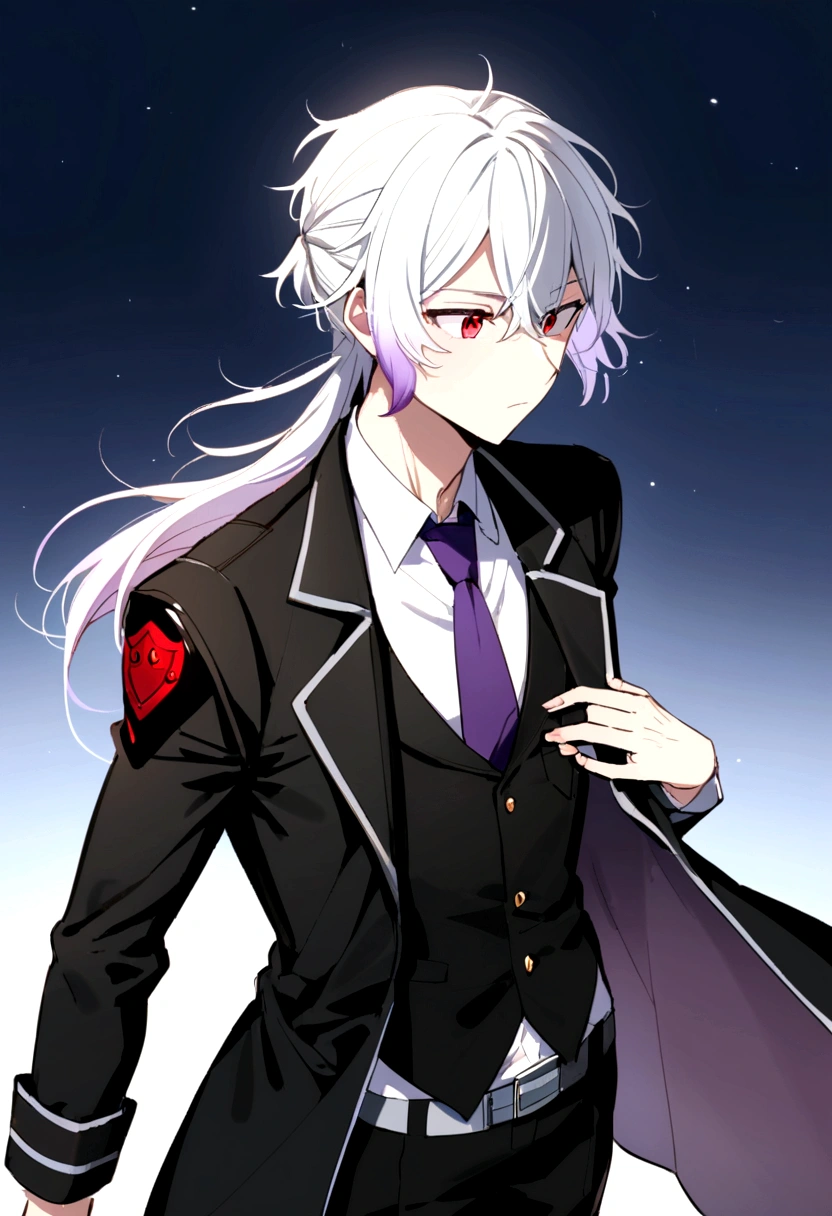 An anime boy with girly hair and girly looks with white hair and purple tips and red eyes , short ,in a black coat ,pants,tie with a white shirt , like a public safety devil hunter, two bangs from sides that reach chest the middle-front hair should reach nose , and the back hairs that reach shoulders