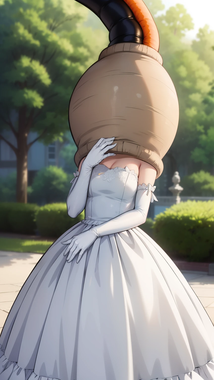 masterpiece, best quality, highly detailed, ultra high res, ayase arisa, 1girl, wedding dress, elbow gloves, (cell vore), (tail vore:1.3)