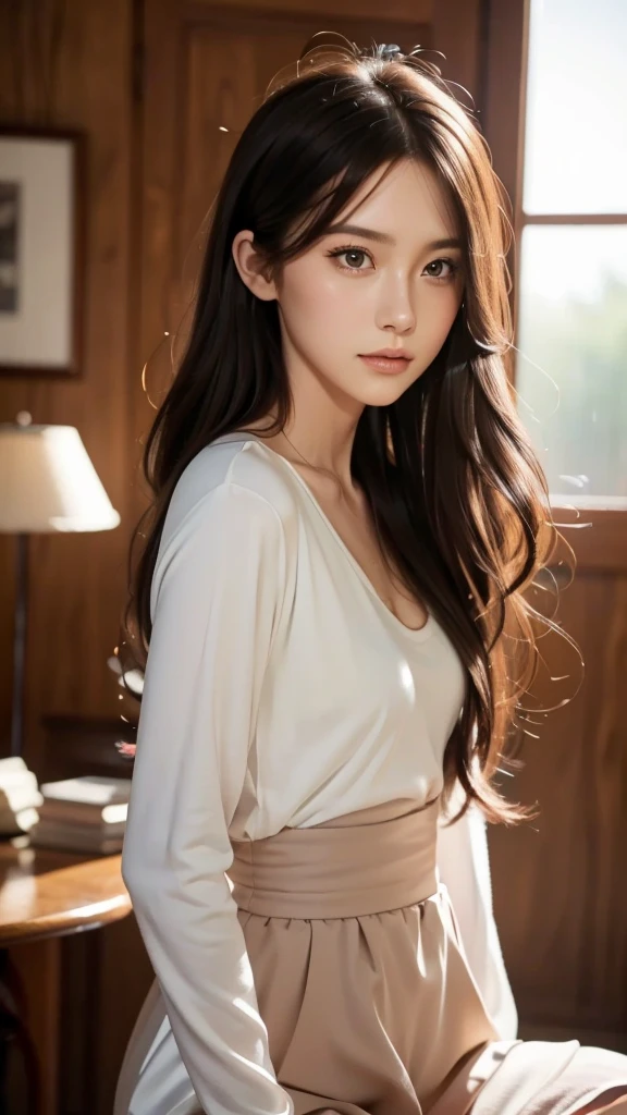 1girl, solo, small breasts, look at viewer, bashful, 5/4 sleeve,  thighhigh, (best quality,4k,8k,highres,masterpiece:1.2),ultra-detailed,(realistic,photorealistic,photo-realistic:1.37),intricate details, delicate features, beautiful detailed eyes, beautiful detailed lips, extremely detailed face, long eyelashes, serene expression, flowing hair, natural lighting, warm color palette, soft focus, digital painting, cinematic composition