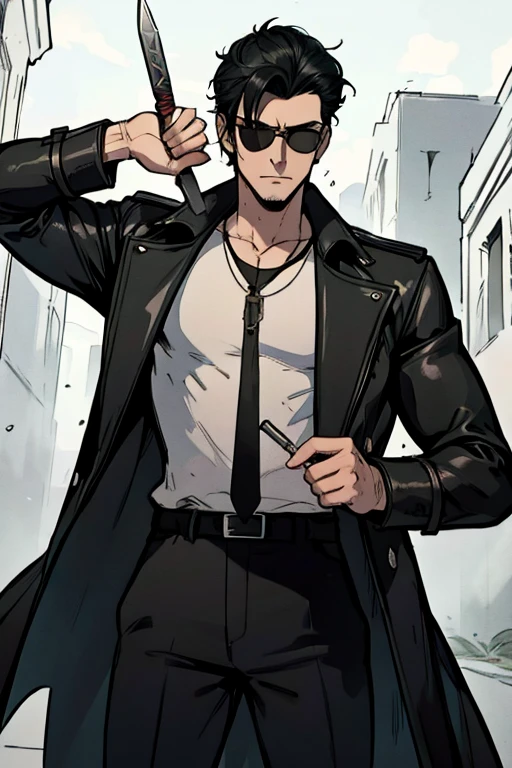 A tall muscular black haired man with sunglasses and a long leather coat and a cool shirt is spinning his blade in a creepy castle
