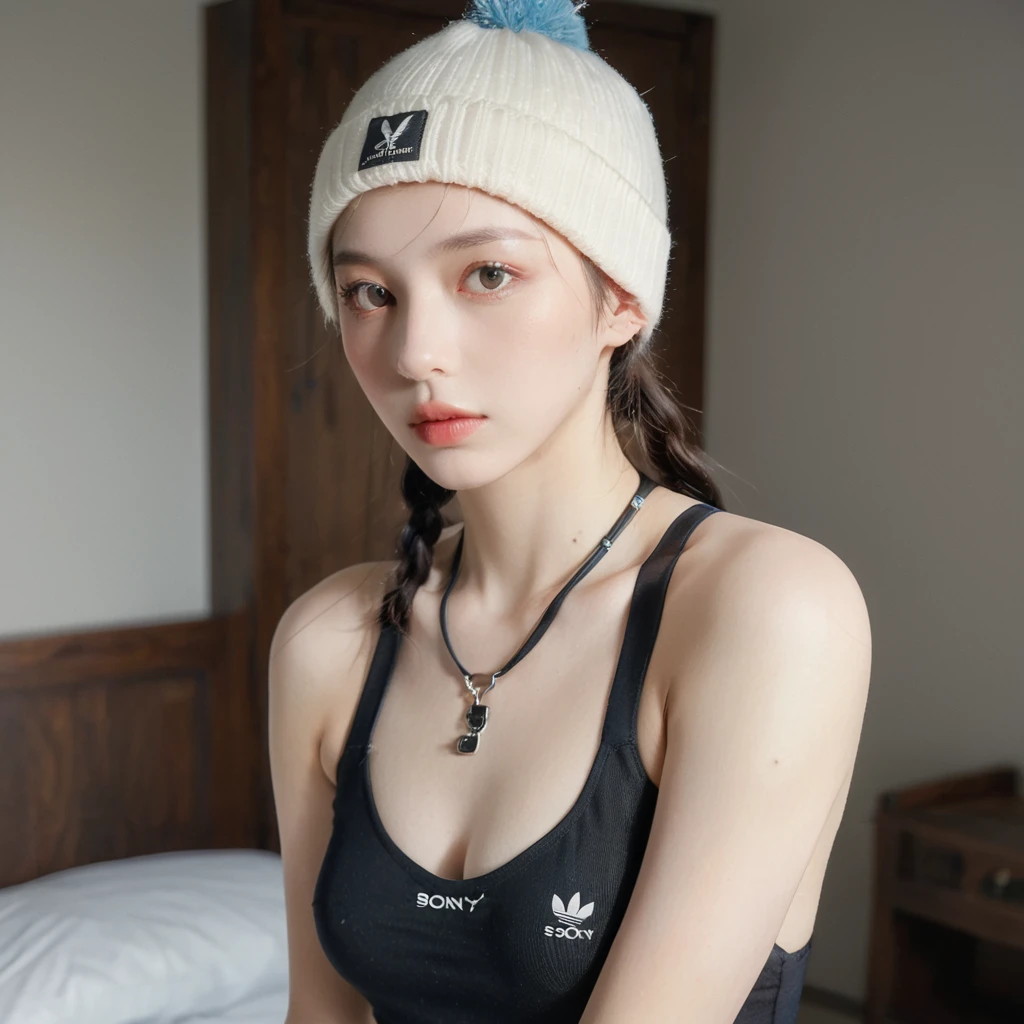 xxmixgirl,Thoroughness, analog style, eye focus, best quality, (very detailed skin), Photo of an exquisitely beautiful pale skin punk Dutch girl, 21 years old, (Wearing Harness, and beanie), perfect face, alluring eyes, [Seductive makeup], skin pores, (piercing:0.5), inside, Messy bedroom, (bokeh:0.6), sharp focus, dappled lighting, (backlight:0.7), film grain, Sony A7R IV로 촬영, 18mmF/1.7 Cine Lens, (very detailed, intricately detailed), 8K, HDR, Posing seductively, front view, (upper body:0.9)